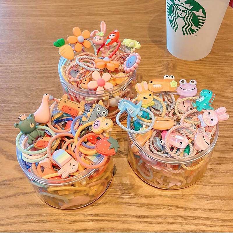 Set 20/30 Dây Thun Cột Tóc Co Giãn Nhiều Màu Sắc Họa Tiết Hoa/ Trái Cây/ Động Vật Đáng Yêu Dành Cho Bé