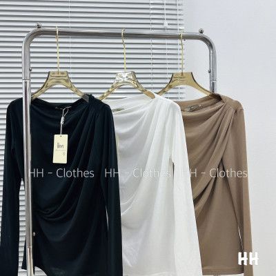 Áo giấy rúm vai lệch dài tay