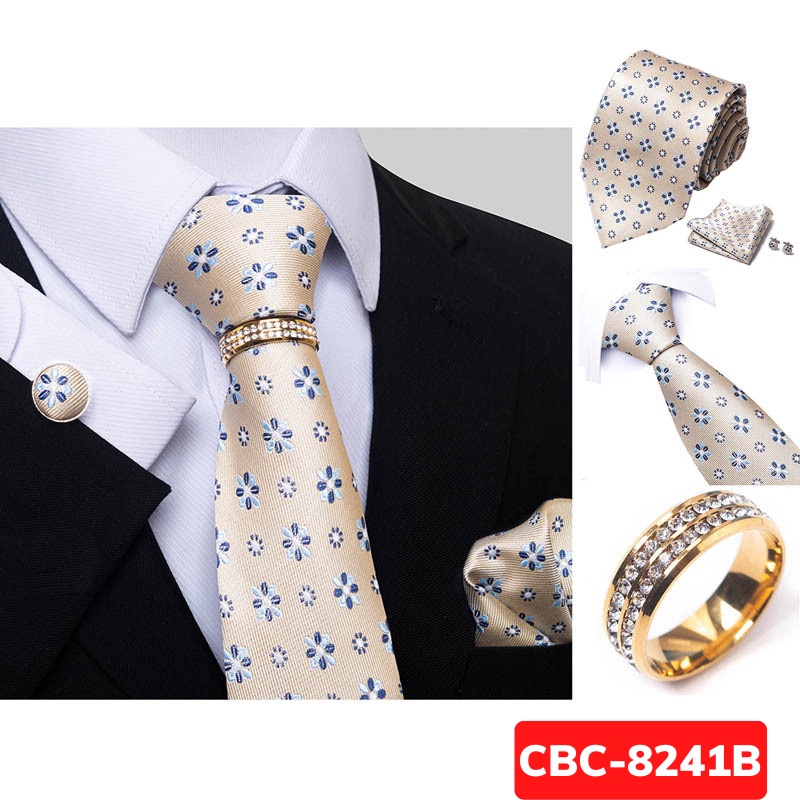 Bộ Cà vạt 4 món gồm Cavat 8cm, khăn cài túi, Măng-set, Nhẫn tròn phụ kiện sang trọng, Cravat chú rể, Calavat công sở
