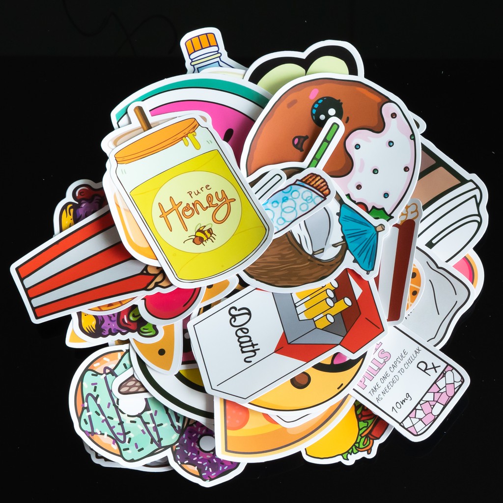 Sticker Food-thức ăn cute, hình dán chống nước lâu phai trang trí mũ bảo hiểm, đàn, guitar, ukelele, macbook, laptop