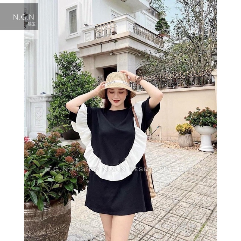 Áo thun tay lỡ dáng babydoll phối viền bèo trắng CAMNHUNG - Áo phông nam nữ chất cotton dày dặn Freesize form rộng 65kg