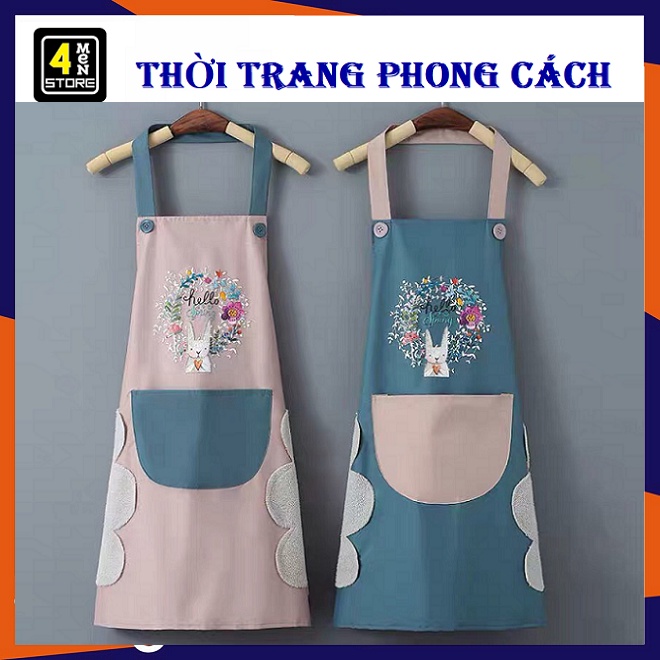 Tạp dề Hình Thỏ có khăn lau tay bên hông Chống Thấm Nước / Tạp Dề Pha chế nấu ăn Hoạ Tiết Hoa Xinh Xắn