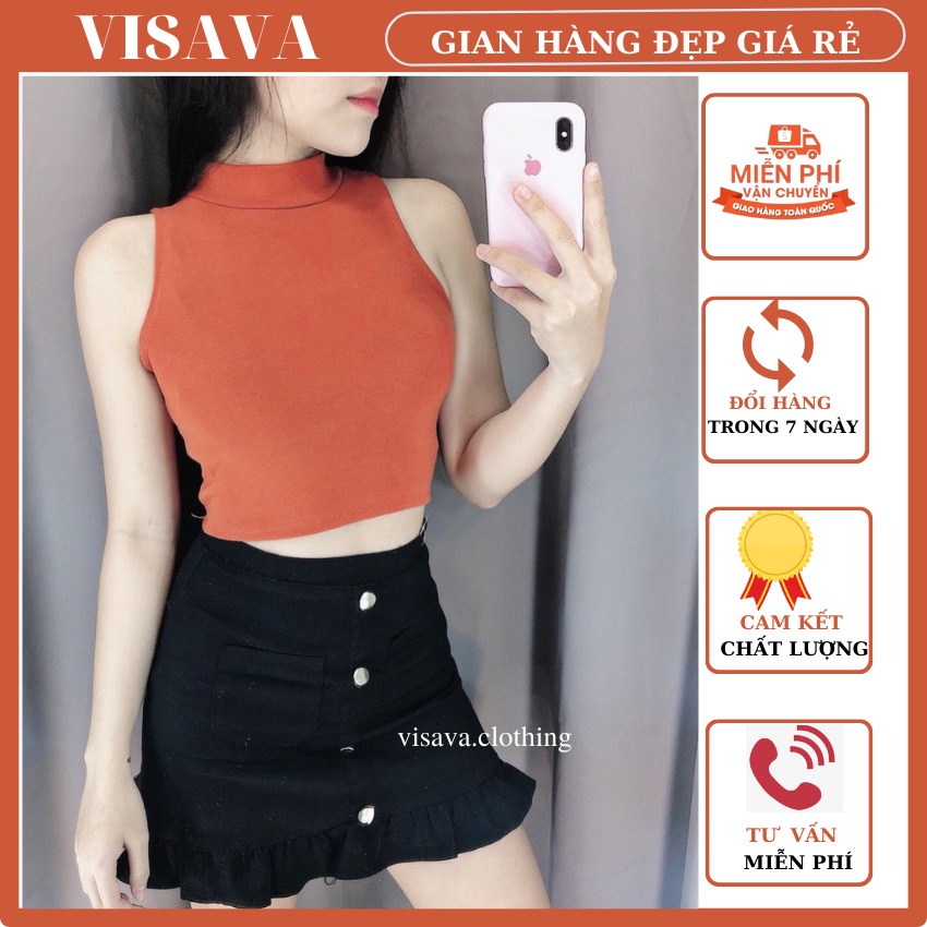 Áo thun croptop nữ  trơn sát nách cổ lọ thun borip 100% cotton co giãn nhiều màu form basic  VI421