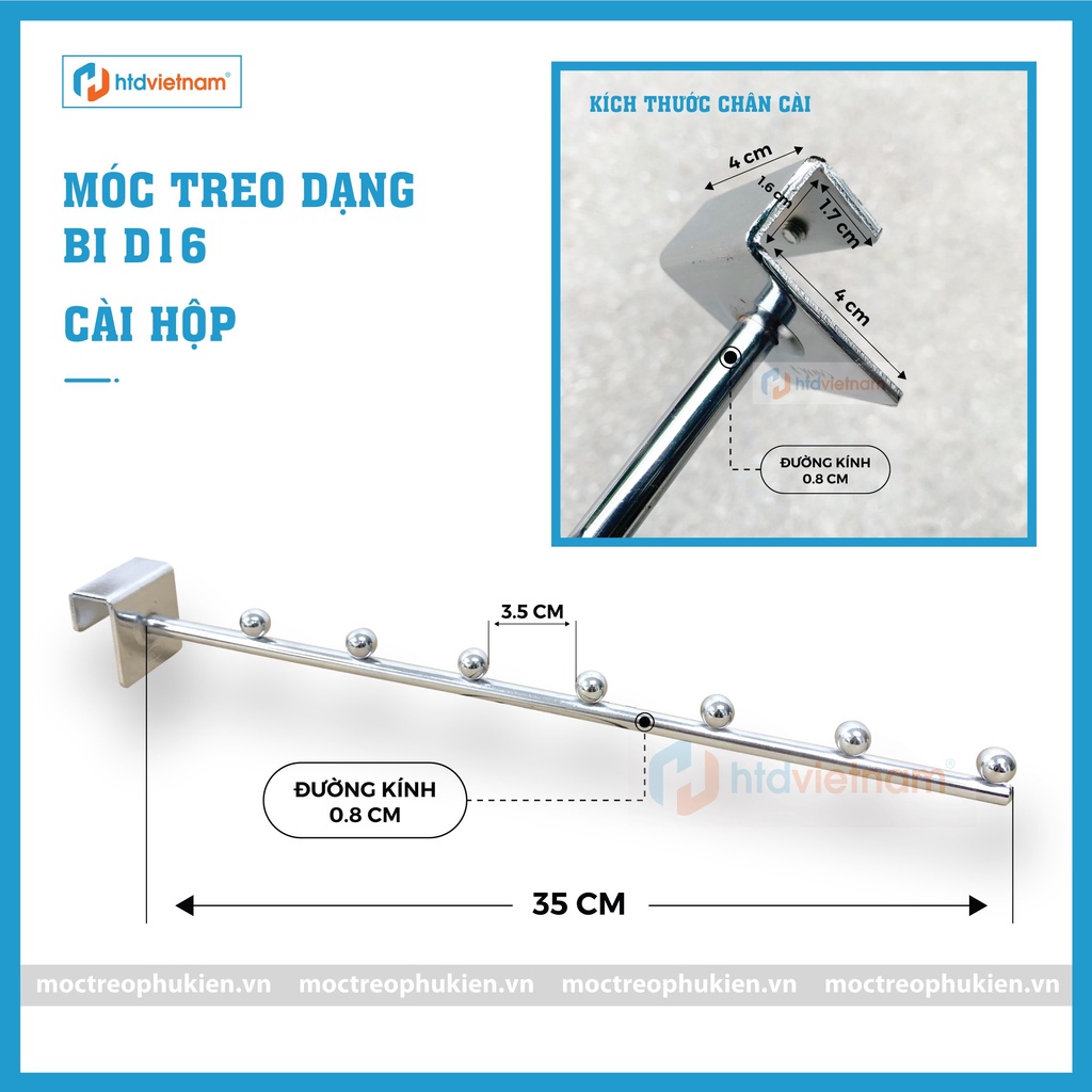 MÓC TREO QUẦN ÁO BI DẠNG THẲNG D16 - CÀI THANH HỘP INOX