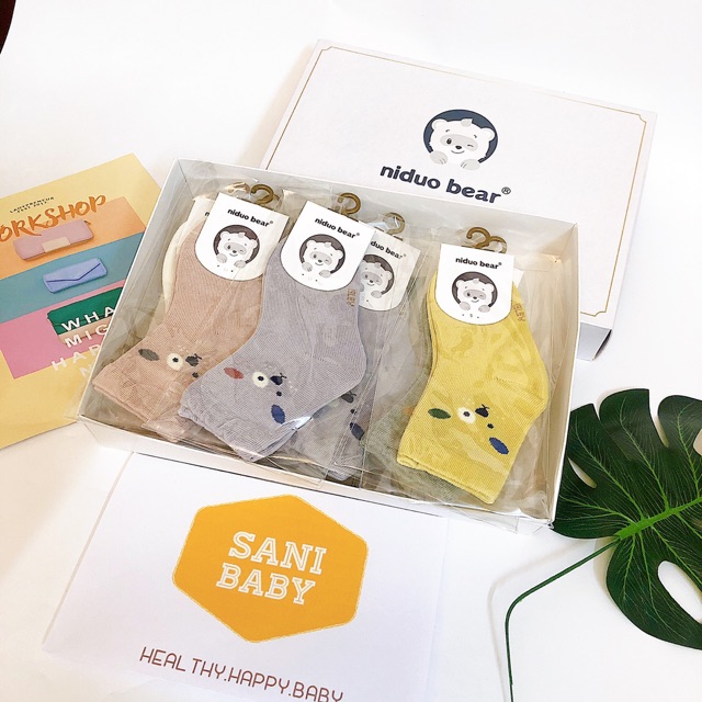 [CAO CẤP] SET 2 ĐÔI TẤT CAO CẤP BÉ TRAI BÉ GÁI NIDUO BEAR MỀM MỊN