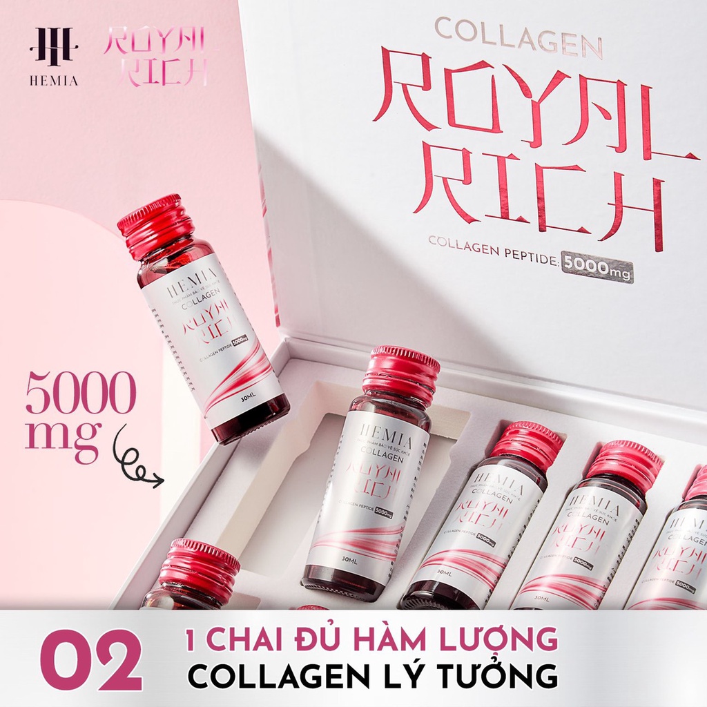 Collagen Nước Hemia Nước Uống Trắng Da Xóa Mờ Thâm Sạm Tăng Cường Nội Tiết Tố Nữ Trẻ Hoá Da Hộp 10 Lọ 30ml