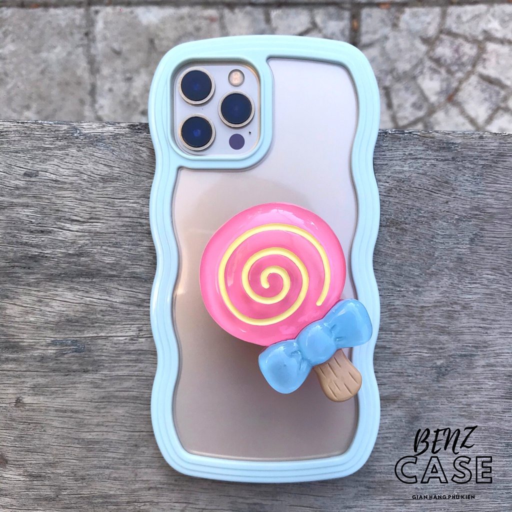 Ốp lưng iPhone 2 mảnh gợn sóng kèm chân đế hình kẹo que siêu cute, chất liệu nhựa dẻo ốp sát viền máy