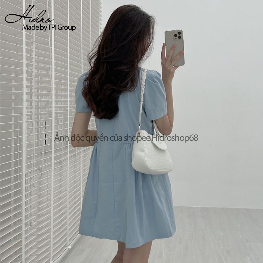 Váy sơ mi tay bồng chiết eo dáng chữ A chất mềm mát phong cách vintage