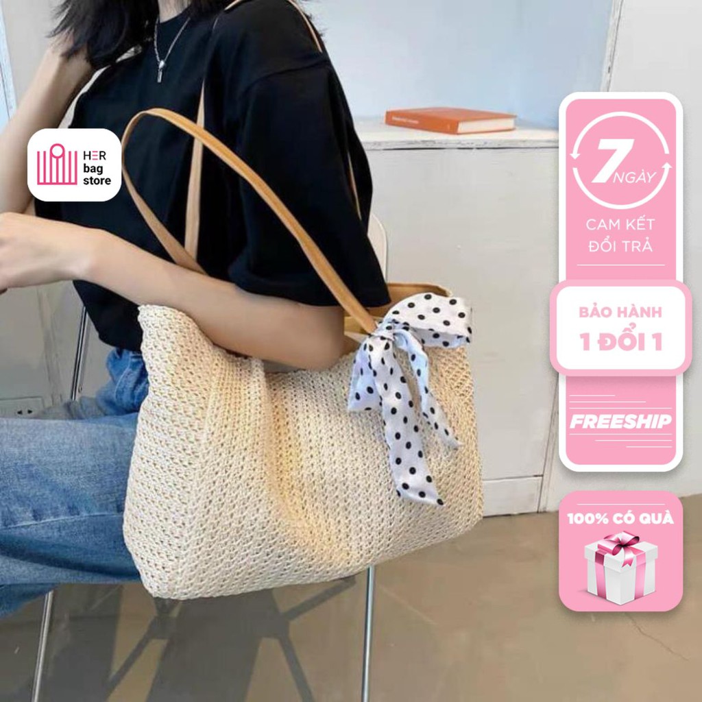 Túi cói đi biển xách tay nữ chữ nhật nơ lụa chấm bi size to Hàn Quốc siêu xinh đi chơi du lịch HB32