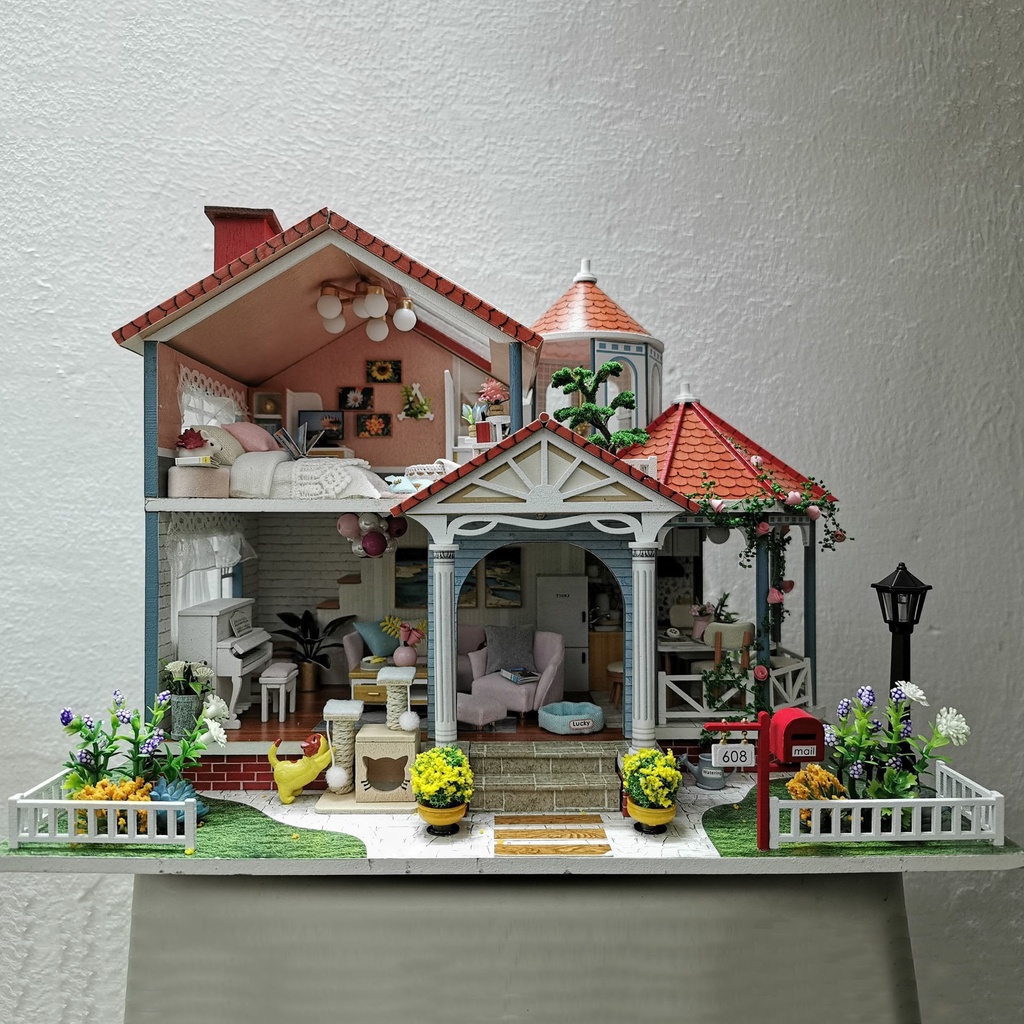 Mô hình nhà DIY Doll House Coloured Glaze Time Kèm Mica Chống bụi, Bộ dụng cụ, Keo dán và Bộ phát nhạc