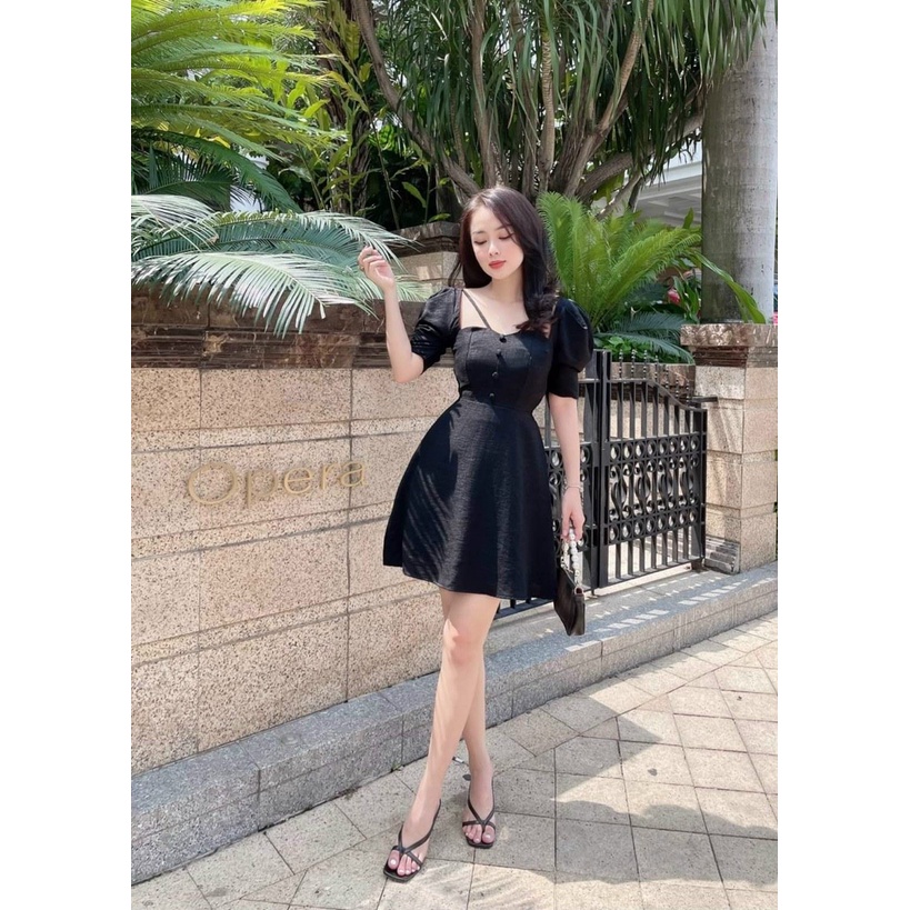 Đầm váy nữ xòe đính nút đan dây chéo cute, xinh xắn dành cho các nàng yêu mang đi chơi, dạo phố