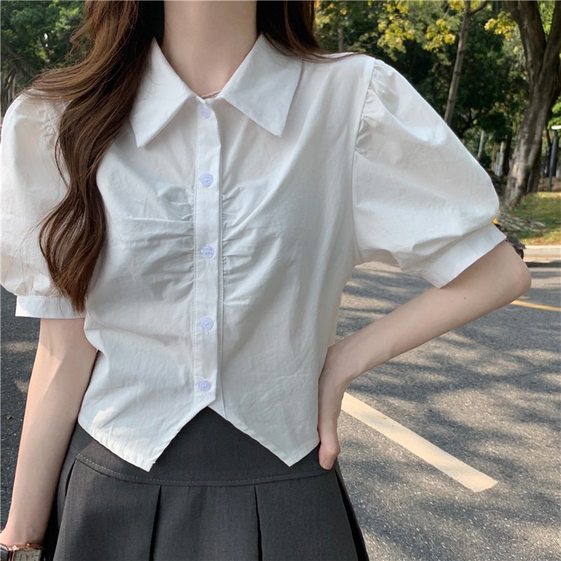 Áo sơ mi kiểu croptop màu trắng ,phong cách Nhật Hàn siêu xinh
