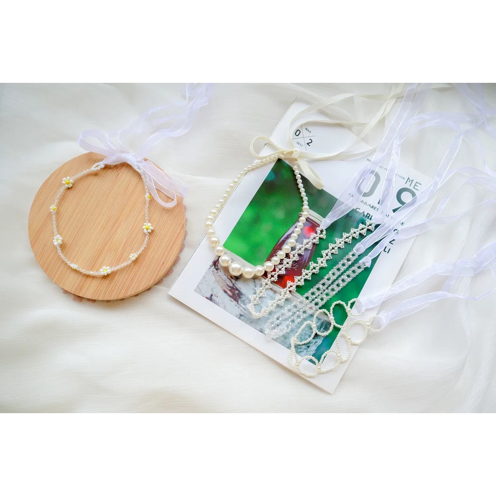 Vòng Cổ Choker Phối Ren Đính Ngọc Trai Trắng Thời Trang Cho Nữ