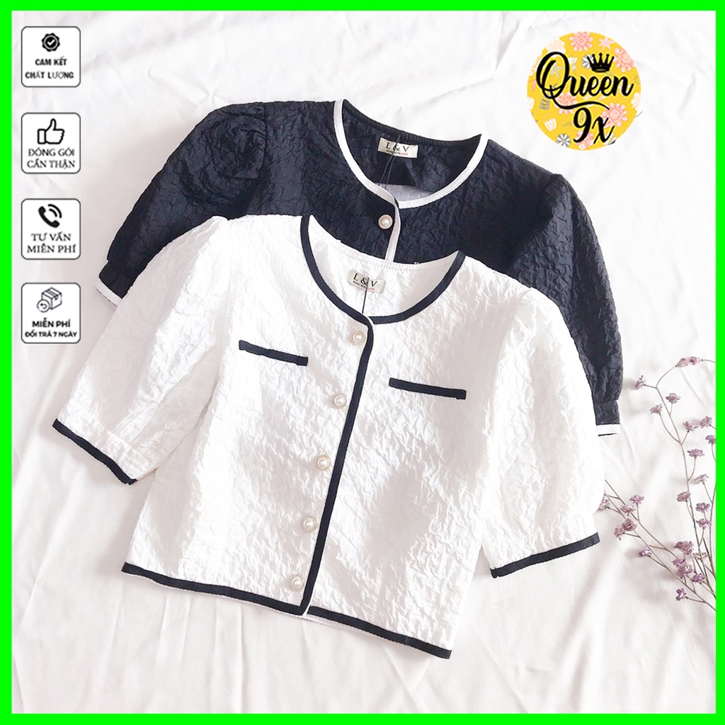Áo Sơ Mi Cúc Ngọc Chất Xốp Hoa Viền Đen Trắng Dáng Tiểu Thư,áo sơ mi nhiều kiểu dễ thương