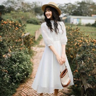 Váy trắng dự tiệc phối ren tay bồng công chúa kèm ảnh thật MS1050 SẴN