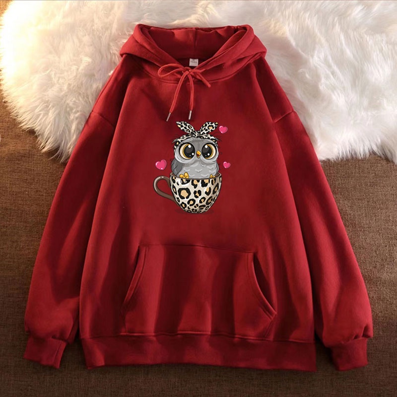 Áo Hoodie Cotton Tay Dài Cổ Tròn In Họa Tiết Da Báo / Cú Mèo Phong Cách Hàn Quốc Dành Cho Nữ