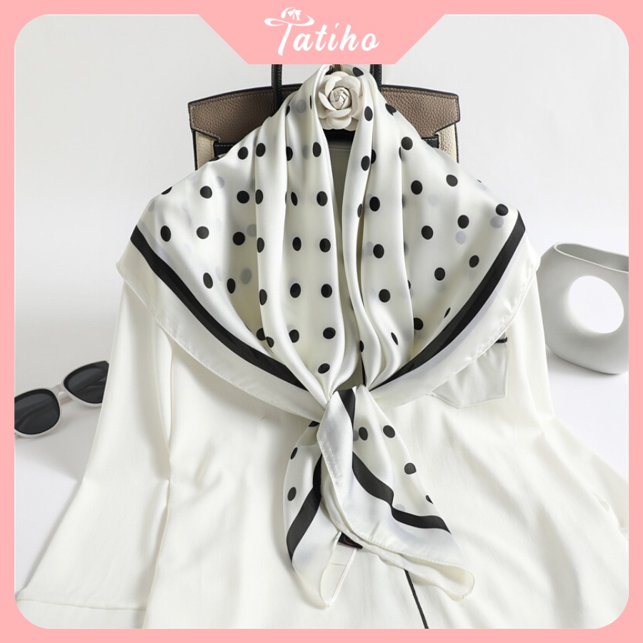 Khăn Lụa Vuông Turban Cao Cấp Họa Tiết Chấm Bi Làm Áo Quàng Cổ - Chất Liệu Silk - 90x90cm - Tatiho - Mã KL056