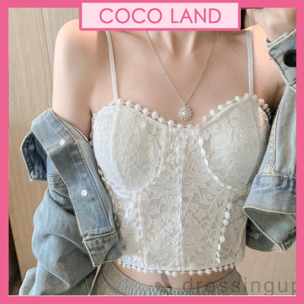 Áo Hai Dây Phối Ren Hoa Màu Trơn Có Đệm Ngực Tháo Rời Màu Đen/Trắng Thời Trang Mùa Hè Cho Nữ coco land - chất cực đẹp- s