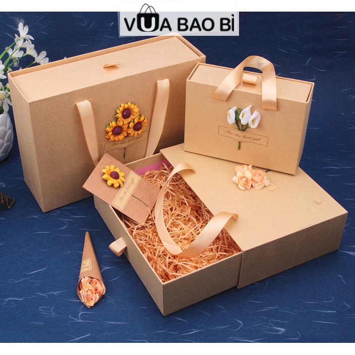 Hộp quà 20/10 kraft kiểu túi xách kèm rơm lót và thiệp vintage - Hộp quà sinh nhật-Vua Bao Bì, kỷ niệm