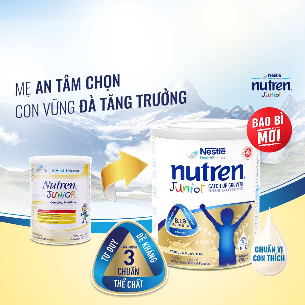 [Tặng gối ôm hươu cao cổ] Sữa bột Nutren Junior Catch up Growth hương vani lon 850g