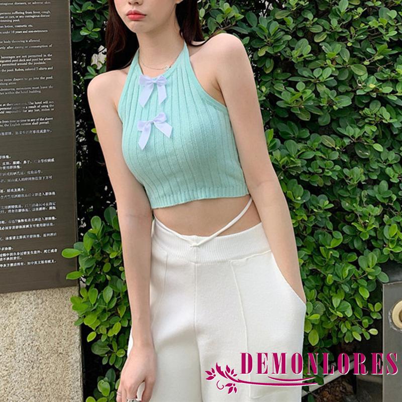 Áo Croptop Dệt Kim Không Tay Hở Lưng Thắt Nơ Thời Trang Mùa Hè Cho Nữ