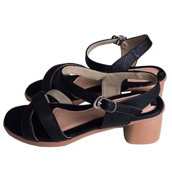 Sandal nữ da bò gót vuông 5cm Trường Hải màu vàng đế PU cao 5cm siêu nhẹ