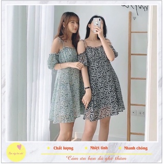 Đầm Xòe 2 Dây Babydon Hoa Cúc Trễ Vai 2 Màu