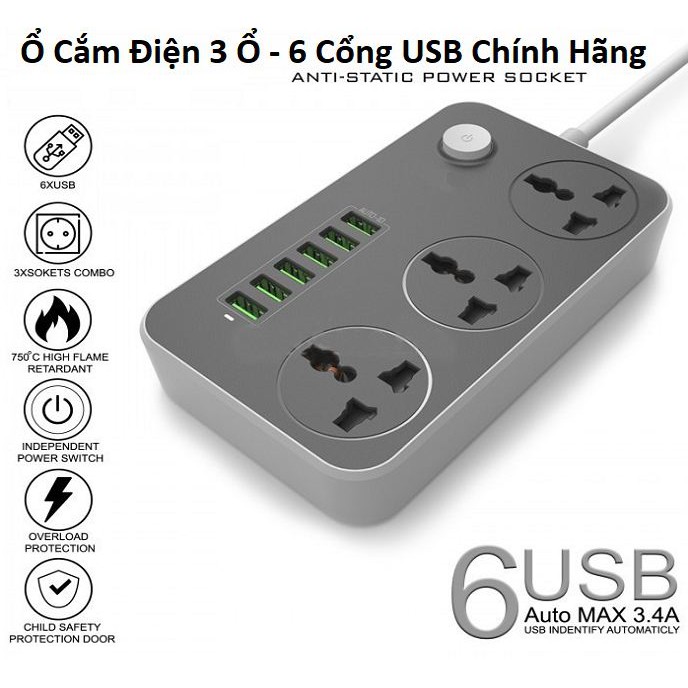 Ổ Điện Đa Năng Thông Minh, Tiêu Chuẩn EU - 6 Cổng USB Tích Hợp IC Chống Cháy Nổ Quá Tải