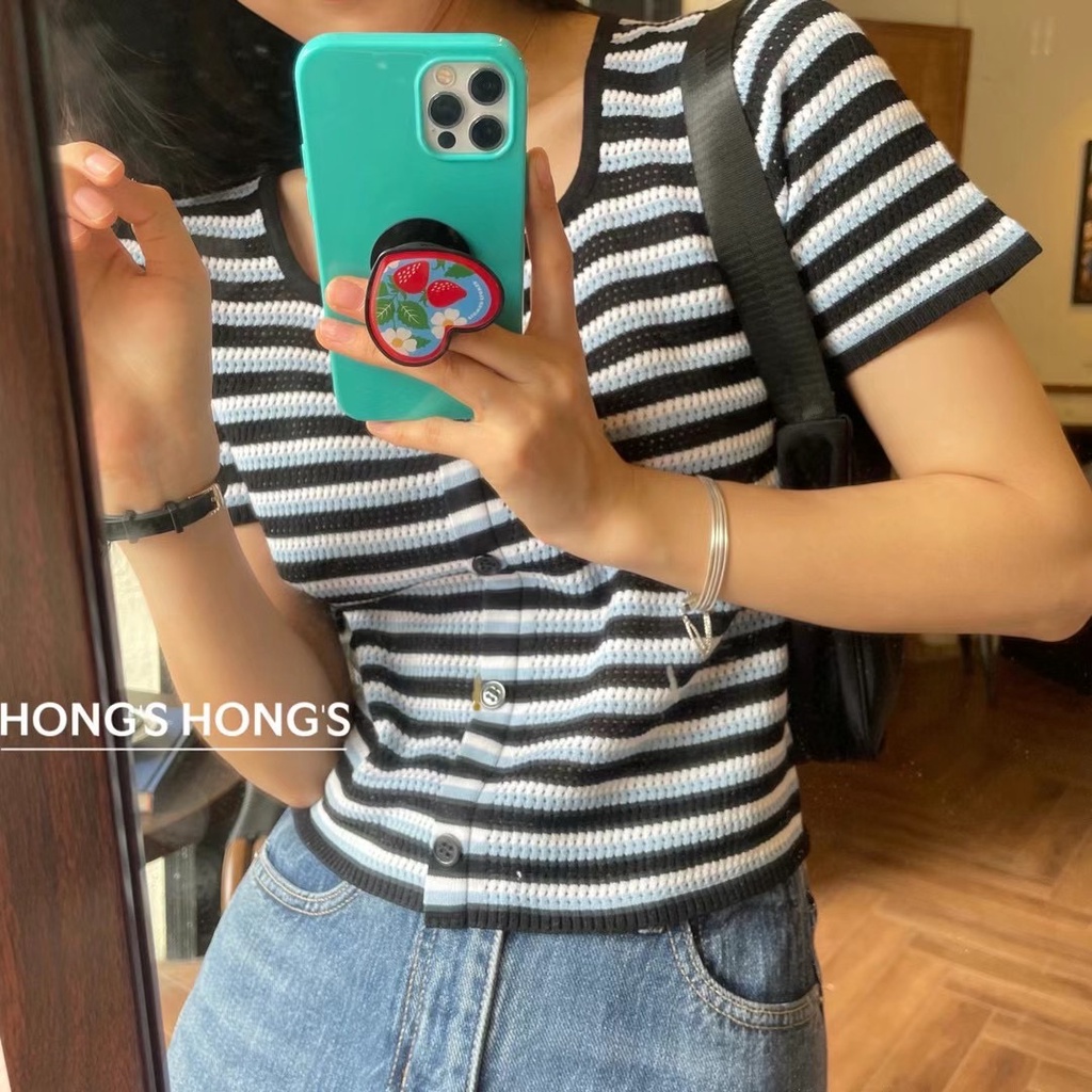 DUNEA Áo Thun Lửng Dệt Kim Họa Tiết Kẻ Sọc Thời Trang Mùa Hè Cho Nữ