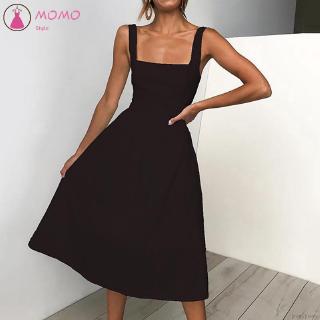 Đầm Midi Sát Nách Cổ Vuông Màu Trơn Thanh Lịch