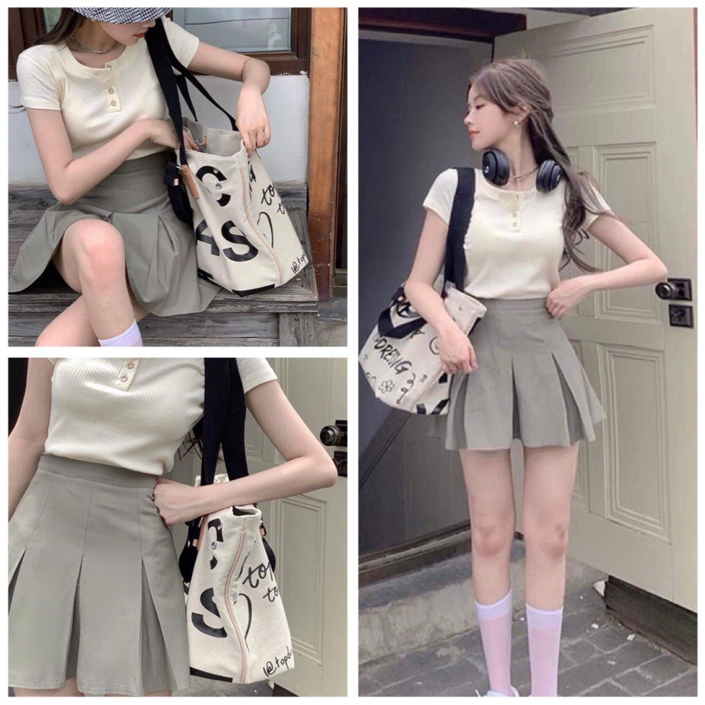 Set chân váy kaki xếp ly mix áo len tăm cổ tròn tay ngắn Hàn Quốc