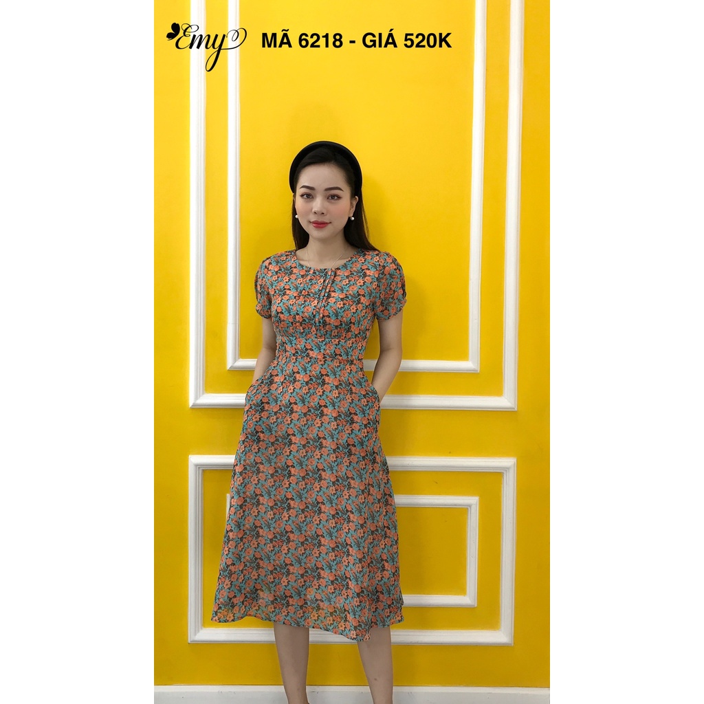 Đầm voan xòe hoa nhí cam cổ tròn tay ngắn có túi EM6218 - Váy EMY