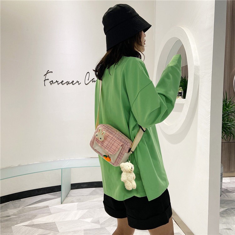 [Mã FASHIONT4WA2 giảm 10K đơn từ 50K] Túi Vải Nhỏ Dáng Ngang Caro Tặng Gấu Bông Korea