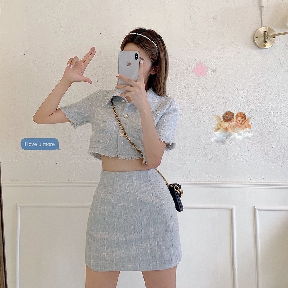 xia Áo cardigan ngắn tua rua / Chân váy lưng cao kiểu dáng thời trang cho nữ