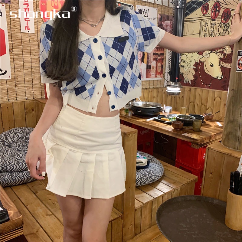 Áo cardigan nữ dệt kim ngắn tay hở rốn kẻ caro cổ bẻ phong cách Hàn Quốc