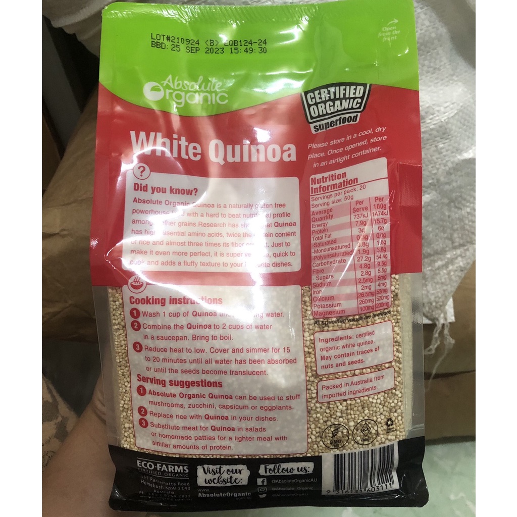 [BÁN SỈ] 1Kg Hạt Quinoa Của Úc Absolute Organic ( Hạt diêm mạch ) Thực Phẩm An Toàn Sức Khỏe