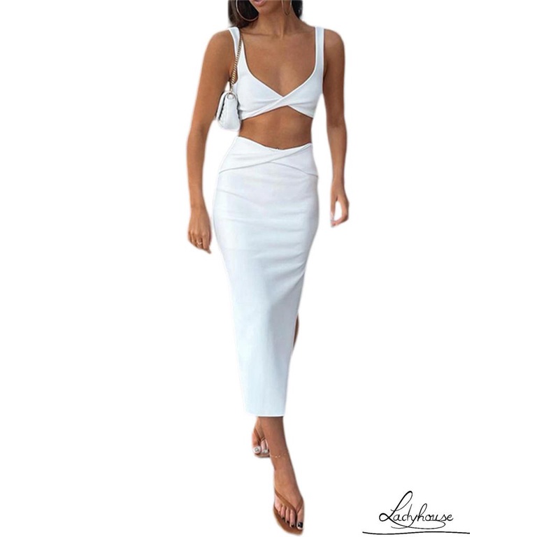 Ld Set Đồ 2 Món Gồm Áo Hai Dây Ngắn Màu Trơn Và Váy Dài Ôm Hông Màu Trắng / Xanh Lá / Cam Dành Cho Bạn Nữ