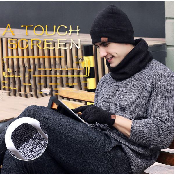 Bộ găng tay cảm ứng mũ len và khăn cổ lọ nam ấm áp tiện dụng cho mùa đông