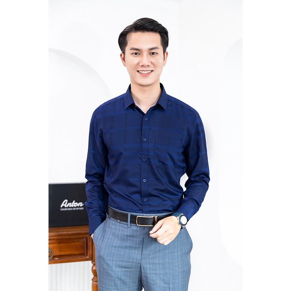 Áo Sơ Mi Nam Công Sở Trung Niên Dài Tay Xanh Tím Kẻ Caro Chìm Chìm Thương Hiệu Anton – YAT201