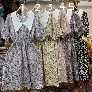 Đầm hoa nhí cộc tay cổ trắng chun eo - váy thời trang vintage