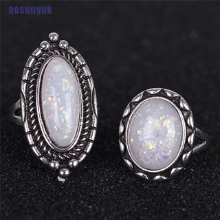 Set 8 nhẫn màu bạc khảm đá opal