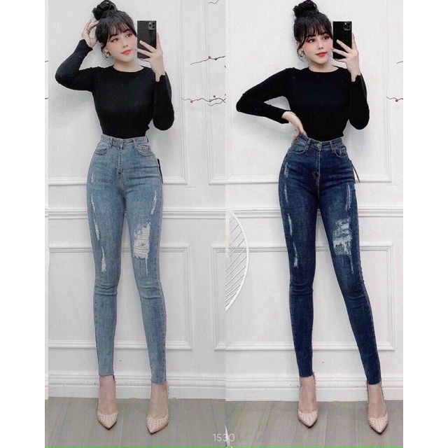 Quần jeans lưng cao nữ rách cào from ôm 2 màu đậm nhạt