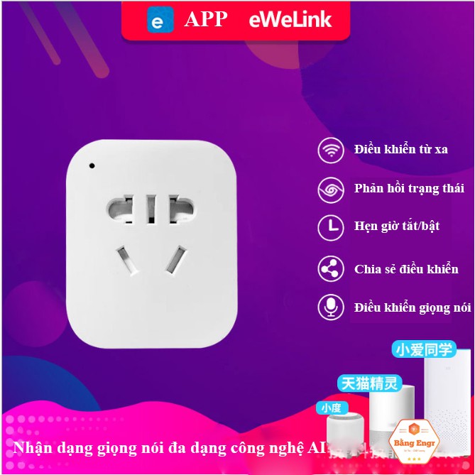 (App Tiếng Việt) Ổ cắm thông minh điều khiển từ xa qua wifi có nút tắt/bật trực tiếp, điều khiển giọng nói, có hẹn giờ