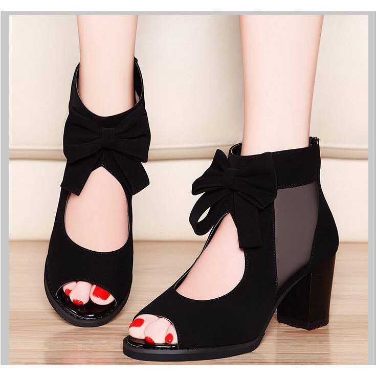 Giày gót vuông cổ cao phối lưới siêu nhẹ êm chân thoải mái