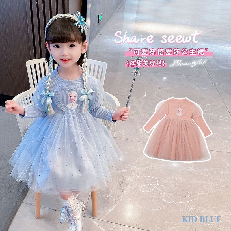 Đầm Công Chúa Elsa Tay Dài Phối Lưới Dễ Thương Xinh Xắn Cho Bé Gái