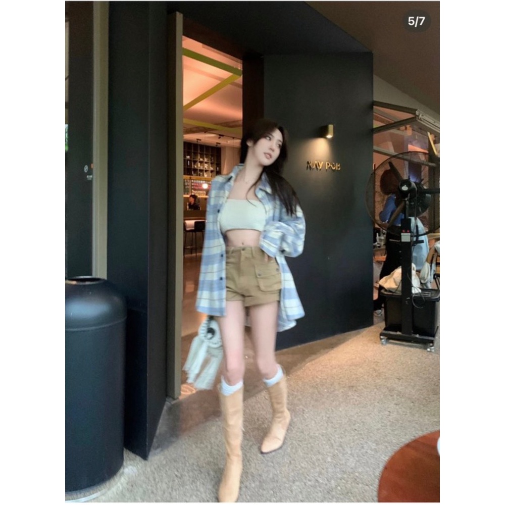 SET 3 MÓN: ÁO SƠ MI CARO XANH TÍM + ÁO CROPTOP ỐNG TRẮNG + QUẦN SHORT KEM TÚI HỘP