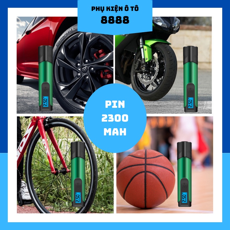 Bơm Lốp Mini 8888 Màu Xanh Lá, Dùng Pin Lithinum, Nhỏ Gọn Tiện Lợi
