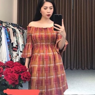 váy kẻ trễ vai zara auth