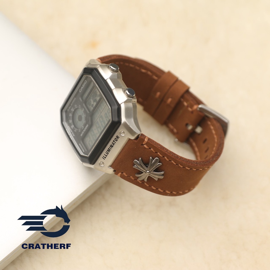 Dây da thay thế đồng hồ Casio AE1200 da bò sáp Nâu vàng bò Rivet Handmade