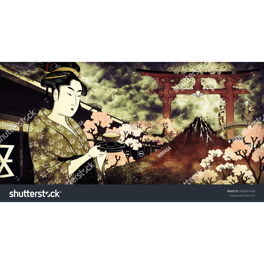 Tranh lụa 3d Quán ăn Phòng trà phong cách Nhật Bản QAPTNB-09